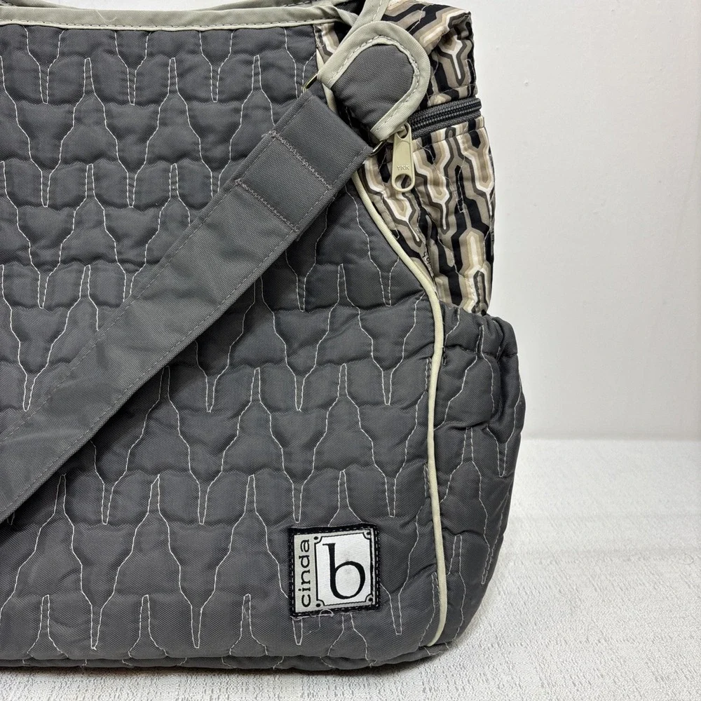 Cinda B Tote Bag Diaper Shoulder Bag Gray Quilted Adjustable Strap Snap Close‎